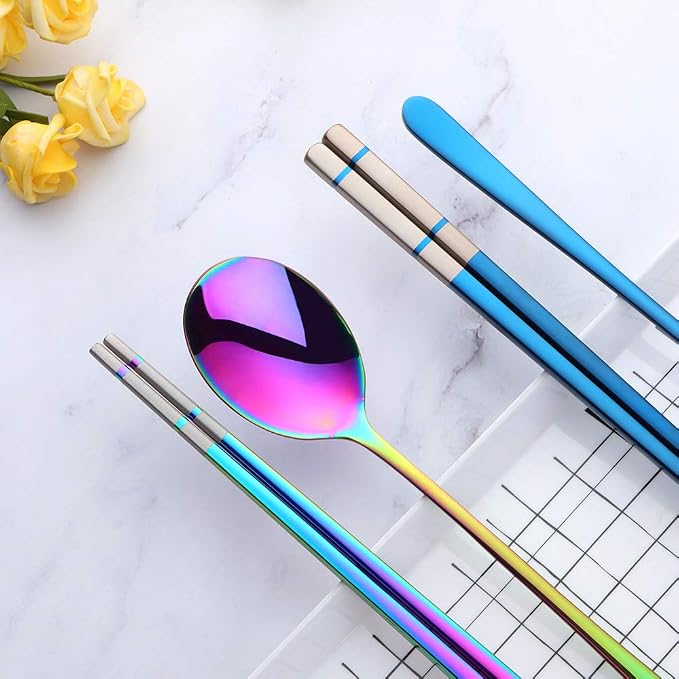 Buyer Star 4 color Square Chopsticks and Spoons Set Metal Stainless Steel Spoons Chopsticks Set