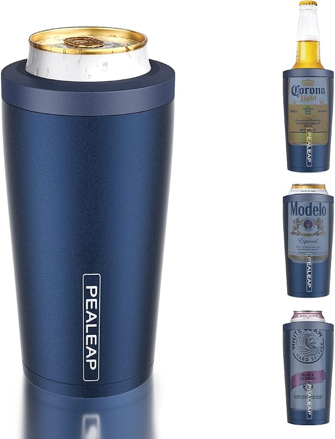 Pealeap 4-in-1 Insulated Slim Can Cooler for All 12oz Cans & Beer Bottles | Double-walled Stainless Steel Vacuum Can Cozy | Keep 8Hrs Cold | Universal Fits 12oz Drinks | No Sweat | Cup Holder Friendly