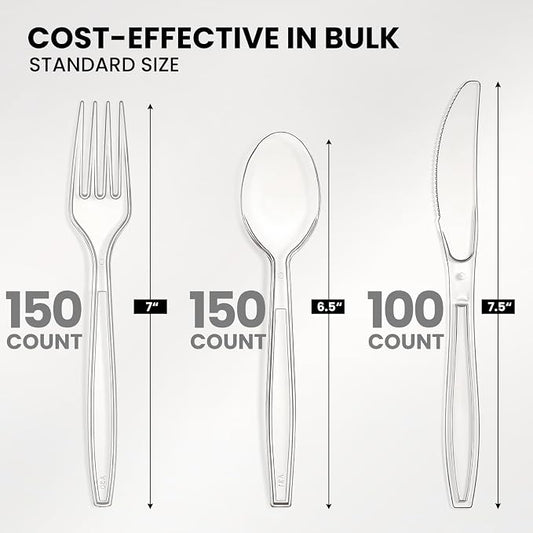 400 Count Heavy Duty Plastic Silverware, BPA-Free, Clear Plastic Cutlery Set, Premium Disposable Utensils for Party Everyday Use, 150 Forks, 150 Spoons and 100 Knives
