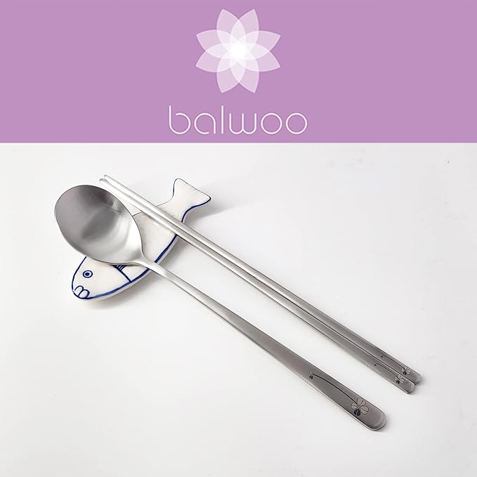 [5 Sets] [Made in Korea] Korean Sticky Rice Spoon Chopsticks Set Gold Titanium Plating 304 Stainless Steel Tableware Cutlery Set Mukbang Chopsticks (Four-leaf Clover, 5 Sets)