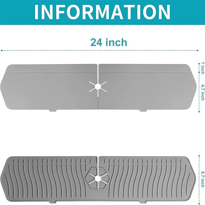 Kitchen Faucet Sink Splash Guard, 24" x 5.6'' Upgrade Silicone Faucet Water Catcher Mat, Sink Draining Pad Behind Faucet, Rubber Drying Mat for Countertop, Bathroom, Farmhouse, RV (Grey)