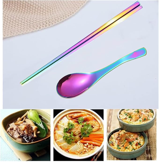 Chinese Metal Soup Spoons and Chopsticks Set for 4 People, Reusable Stainless Steel Ramen Short Handle Spoon Set Asian, Christmas Gift Dishwasher Safe (Rainbow)
