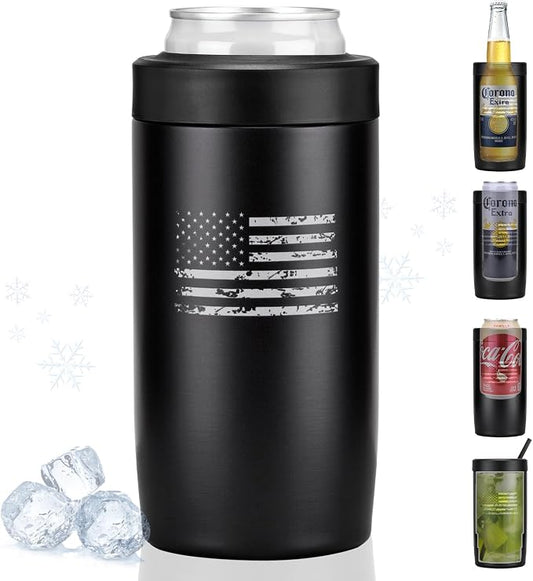 4-in-1 Slim Can Cooler Easy to Hold Insulated Beer Can Holder Double-walled Stainless Steel for All 12 Oz Cans (Black America Flag)
