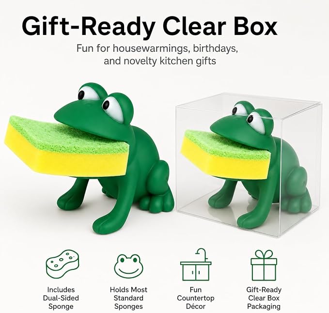 Dependable Industries inc. Essentials Frog Sponge Holder with Dual-Sided Sponge, Green Animal Shape Kitchen Sink Sponge Caddy, Cute Plastic Dish Sponge Organizer, Novelty Countertop Decor Gift