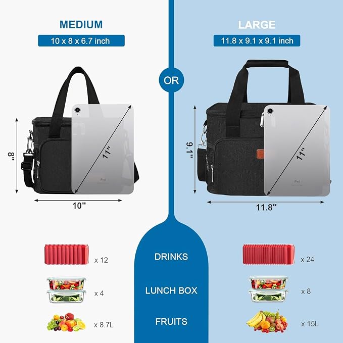 Lunch Bags for Women/Men, Insulated Lunch Bag for Work Office Picnic - Large Lunch Cooler Bag Leakproof Lunch Box with Adjustable Shoulder Strap for Adults - Black(15L)
