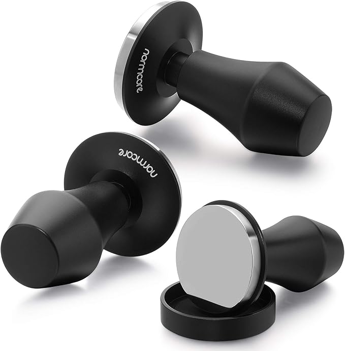 Normcore 58.5mm Coffee Tamper V4 - Spring-Loaded Tamper with 15lb / 25lb / 30lbs Replacement Springs - Anodized Aluminum Handle and Stand - Stainless Steel Flat Base,Black