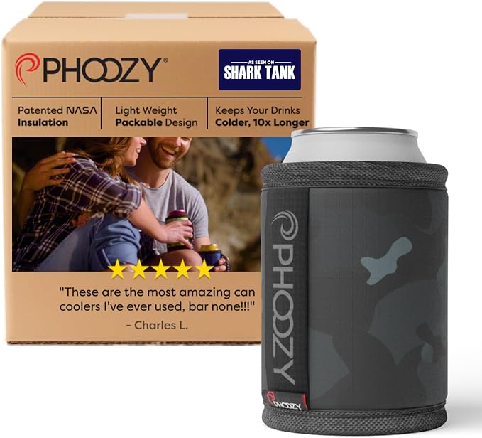 PHOOZY Insulated Can Cooler for 12 oz Cans - Patented Drink Sleeve with NASA-Inspired Technology - Keeps Beer, Soda & Sparkling Water Cold Longer - Lightweight Outdoor Can Holder - Black Camo