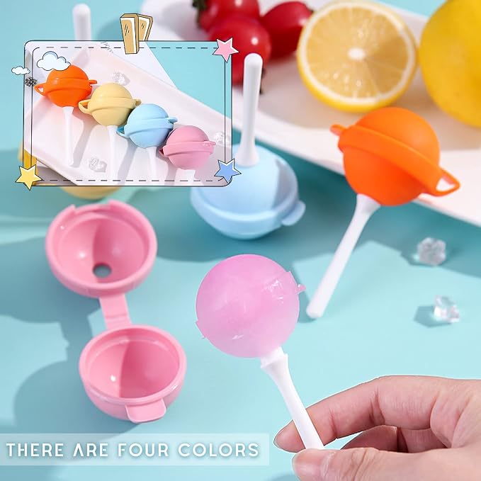 4 Pack Silicone Lollipop Popsicle Molds, BPA Free Reusable Ice Cream Molds with Sticks, DIY Homemade Freezer Treat Maker (Pink/Yellow/Orange/Blue)