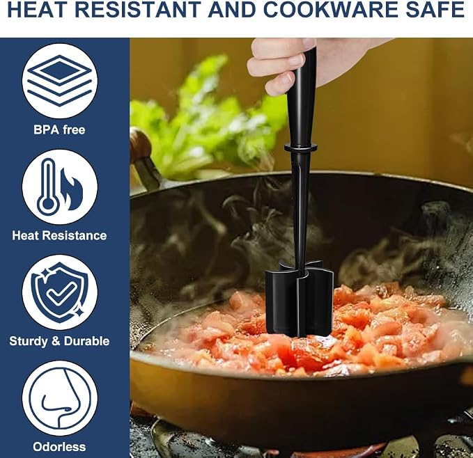 Meat Chopper, Premium Heat Resistant Meat Masher | 5 Blades Ground Beef Masher, Non Stick Hamburger Smasher, Nylon Potato Masher, Dishwasher Safe, Black
