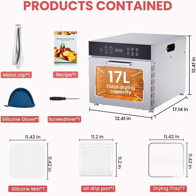 Fendia Food Dehydrator for Jerky, 7 Stainless Steel Large Trays, 600W Fruit Dehydrator, 24H Timer and 194°F Temperature Control, Overheat Protection, Food Dryer for Jerky, Herbs, Fruit, Dog Treats