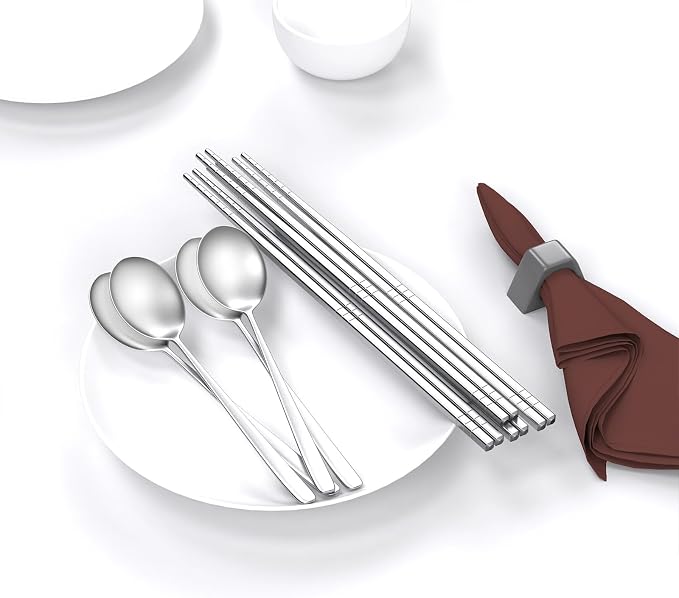 Reusable Spoon and Chopsticks Set, 4 Piece Korean Long Handle Stainless Steel Spoon and Chopsticks Set, Dishwasher Safe for Home, Kitchen or Restaurant