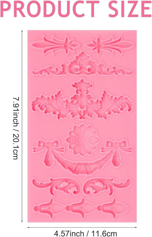 Baroque Decorative Silicone Fondant Mold, Vintage Floral Scroll Pattern, Pink