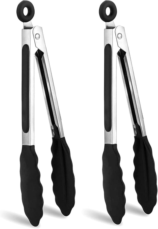2 Pcs Mini Stainless Steel Food Tongs,7“Size Kitchen Tongs,Tongs for Cooking,Silicone BPA Free Non-Stick BBQ Cooking Grilling Locking (7 inches)