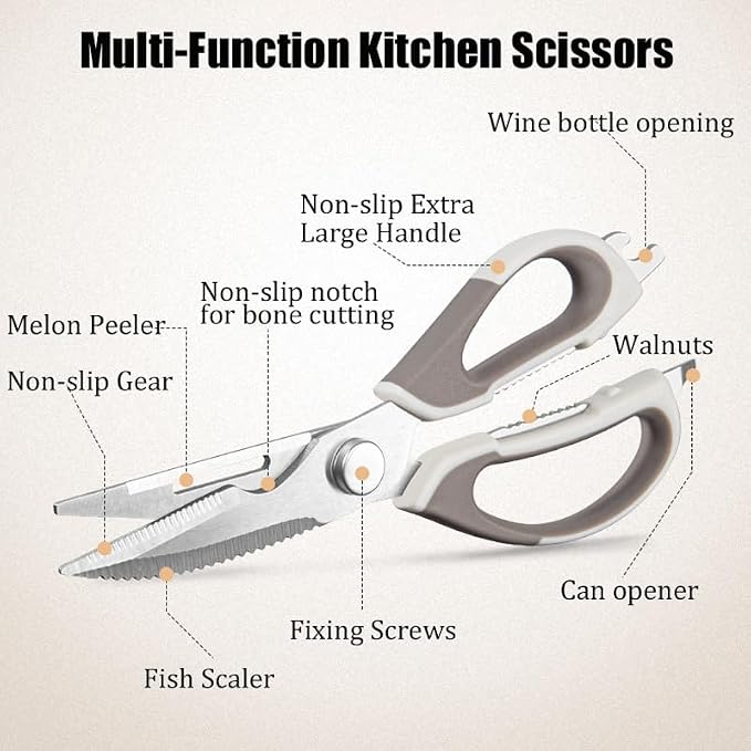 2 Pcs Heavy Duty Kitchen Shears for Food, Come Apart Design, Kitchen Scissors with Magnetic Holder, Stainless Steel Multi-function Food Cooking Magnetic Scissors for Fridge (White and Blue)
