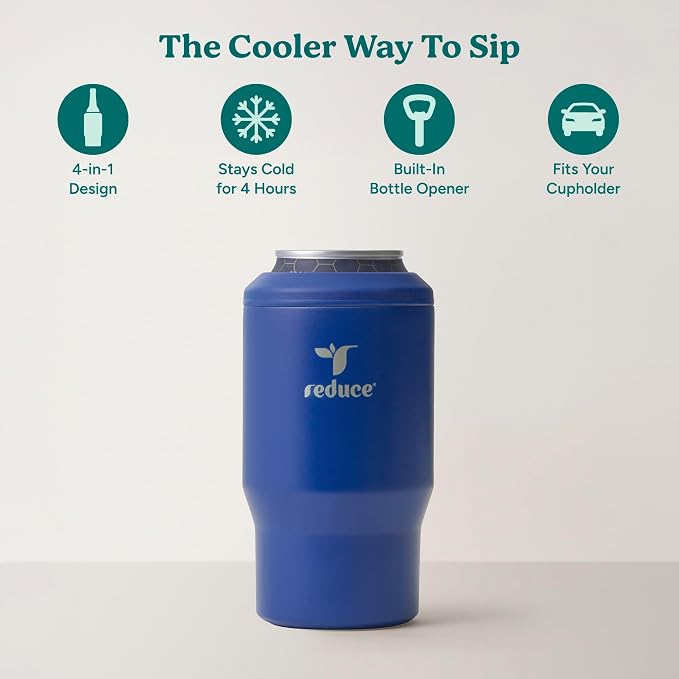 Reduce 4-in-1 Drink Cooler - Versatile Can & Bottle Holder with Vacuum Insulation - Keeps Drinks Cold Up to 4 Hours - Includes Bottle Opener - Fits Cupholders & Dishwasher Safe - 14oz - Go Blue