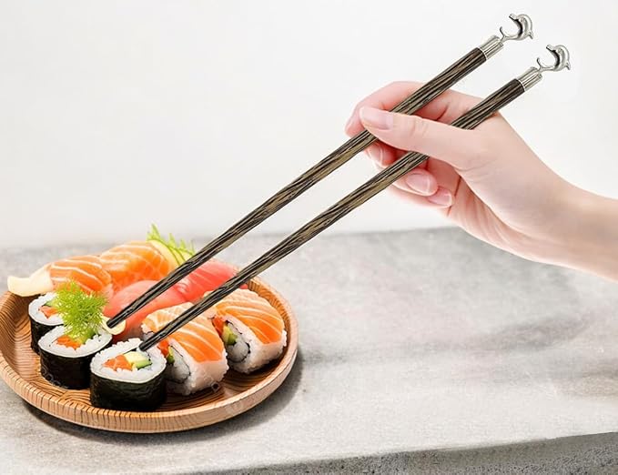 Wooden Chopsticks 9⅞" Coconut Palm Wood Chopstick With Metal Dolphin Top Eating Utensils Oriental Cutlery Asian Tableware Decorative Dinnerware to Serve Chinese Japanese Korean Food