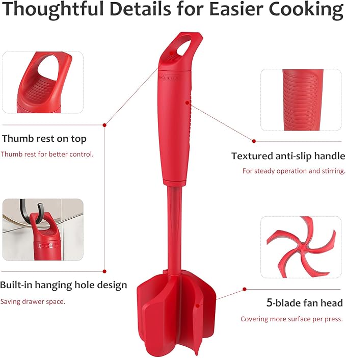 Ourokhome Meat Chopper and Potato Masher, Heat Resistant Nylon Ground Beef Smasher for Hamburger, 5 Curved Blades Nonstick Safe Mixer & Stirrer, Practical Kitchen Gadgets, Red