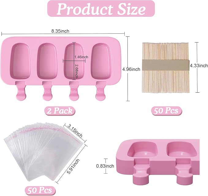 Ozera 2 Pack Silicone Popsicles Molds, Cake Pop Molds, Blue and Pink | Popsicles Molds Maker, with 50 Wooden Sticks and 50 Bags, Reusable, Easy to Release