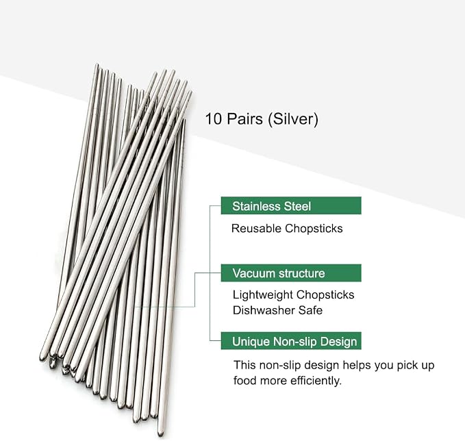 Vacuum Chopsticks 10 Pairs For Asian Party Korean Restaurants Reusable Dishwasher Safe Lightweight Stainless Steel Chopsticks Non-Slip