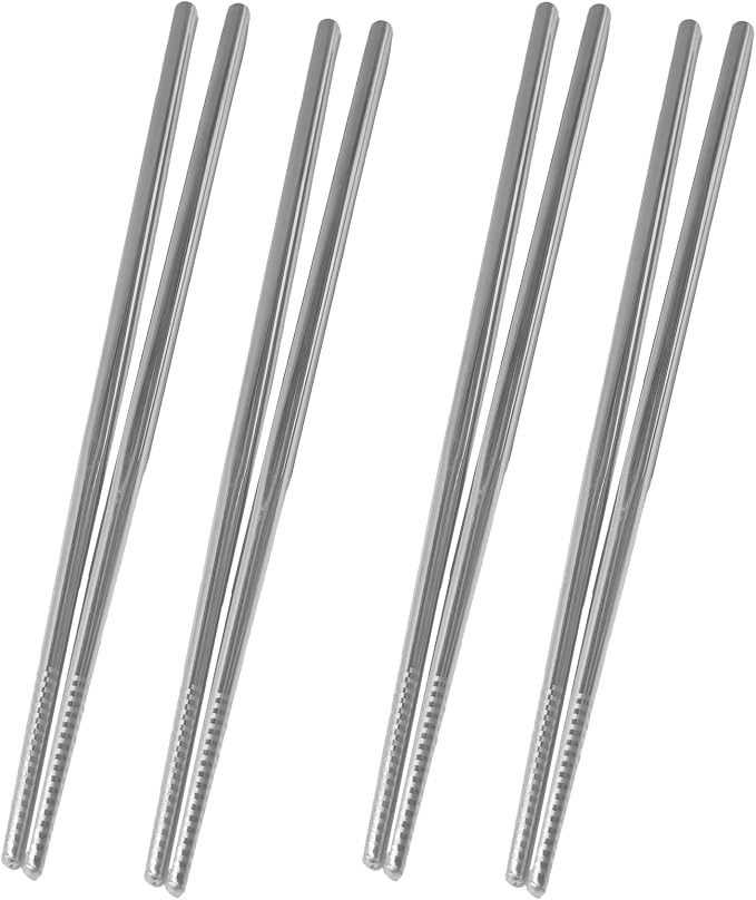 4 Pairs Extra Long 9.45 Inch Stainless Steel Cooking Chopsticks, Reusable Metal Chopsticks with Non-Slip Threaded Design for Hot Pot, Frying, Noodle, Barbecue, Dishwasher Safe, Silver