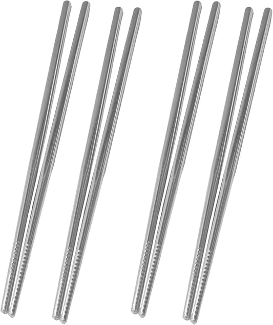 4 Pairs Extra Long 9.45 Inch Stainless Steel Cooking Chopsticks, Reusable Metal Chopsticks with Non-Slip Threaded Design for Hot Pot, Frying, Noodle, Barbecue, Dishwasher Safe, Silver