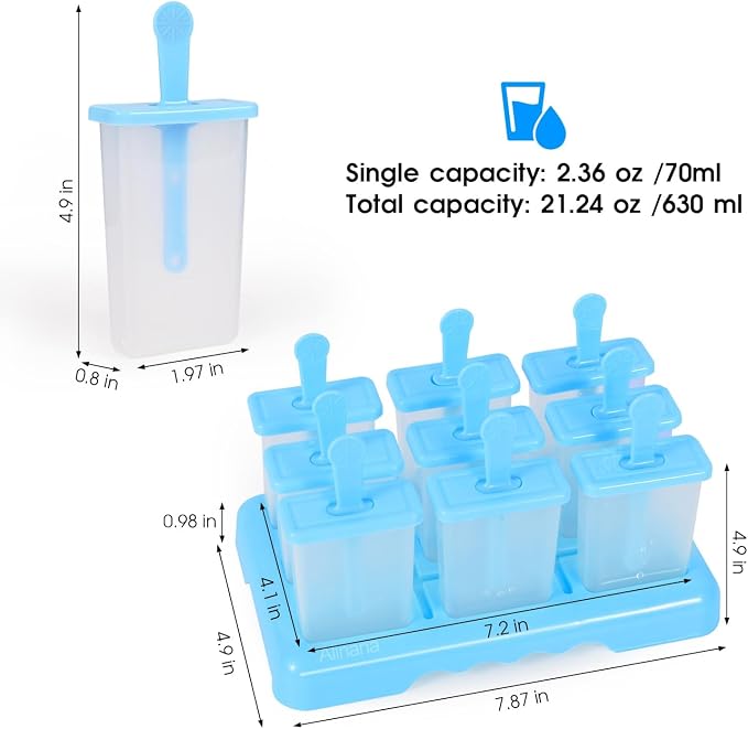 9 Cavities Popsicles Molds, Without BPA Popsicle Molds with Built-in Popsicle Stick, DIY Popsicle Molds with Cleaning Brush and Funnel