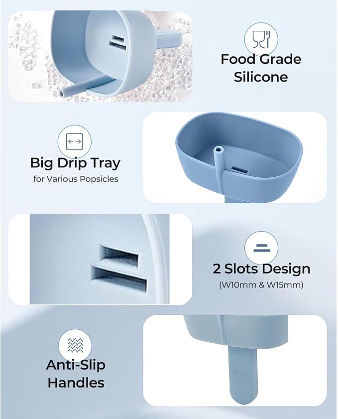TuTuYa 4 Pack Drip Free Popsicle Holder, Reusable Silicone Ice Pop Stick Holder with Straw & 2 Slots Fit Standard and Wide size, Burr-Free Safety Healthy Mess Free Frozen Treats Holder for Kids