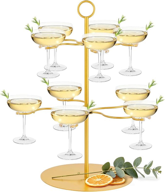 QPIX DIGITAL Champagne Tower,Metal Cocktail Tree Stand 2 Tier - 10 Holders For Champagne, Cocktails, Martini, Margarita Cups at Weddings,Bridal Parties & Events,Cocktail Glass Gold Holder