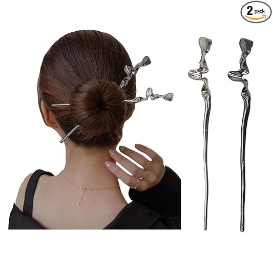 2PCS Metal Hair Sticks for Women Vintage Hair Chopsticks for Women Minimalism Irregular Curve Hair Sticks for Buns Chinese Hair Sticks Pins for Women