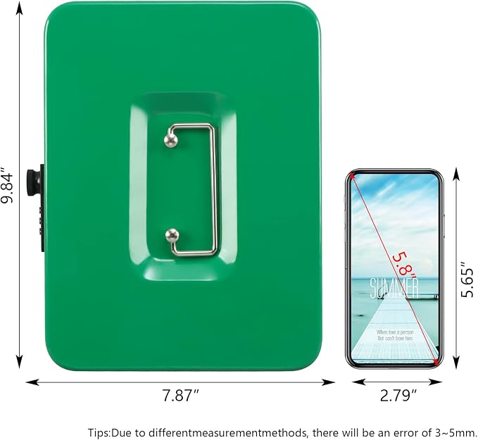 KYODOLED Large Cash Box with Combination Lock,Safe Metal Box for Money, Storage Lock Box with Money Tray,9.84"x 7.87"x 3.54" Green Large