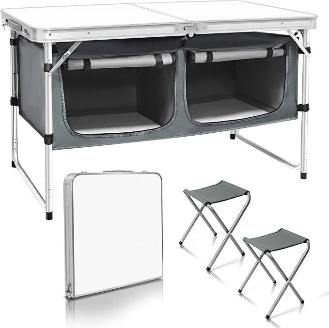CampLand Outdoor Folding Table Aluminum Lightweight Height Adjustable with Storage Organizer for BBQ, Party, Camping