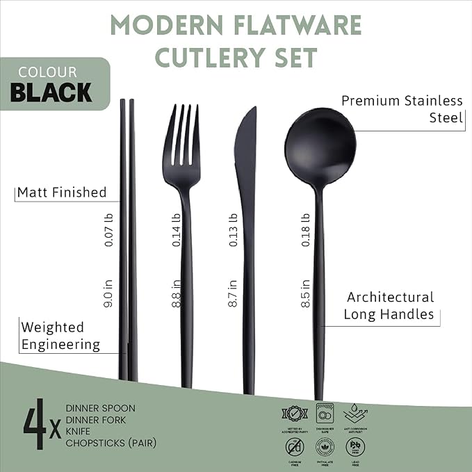 Matte Black KiiZYs Silverware Set - 16-Piece Kitchen Utensil With Korean Chopsticks - Stainless Steel Flatware Cutlery - Spoons, Forks, Knife - Dishwasher Safe - New Home Wedding Gifts (Black, 4 Sets)