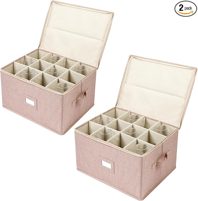 Wine Glass Storage Box, Stemware Storage Containers Cases with Dividers | Glassware Storage Containers Holds 24 Red or White Wine Glasses, Hard Top and Sides (2 Pack Beige)
