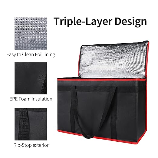 Bodaon Insulated Food Delivery Bag, XX-Large Reusable Grocery Shopping Bags, Picnic Cooler Bag Secure Top Cold, Black with Red Edge, 2-Pack