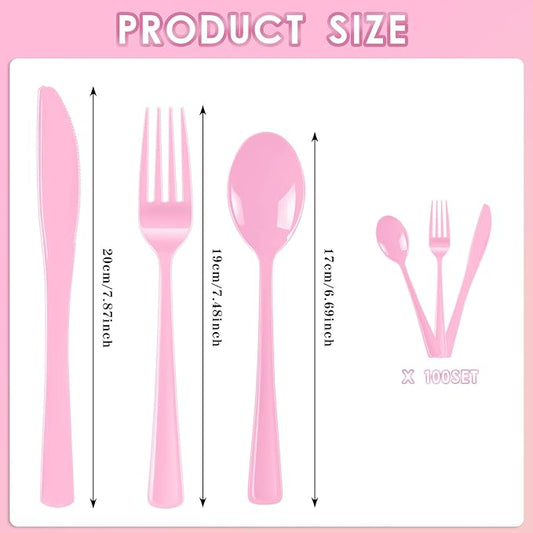300 Pack Pink Disposable Plastic Silverware Heavy Duty, Plastic Cutlery Set,Forks and Spoons Knives Set for Birthday Party Prom Night, Weddings