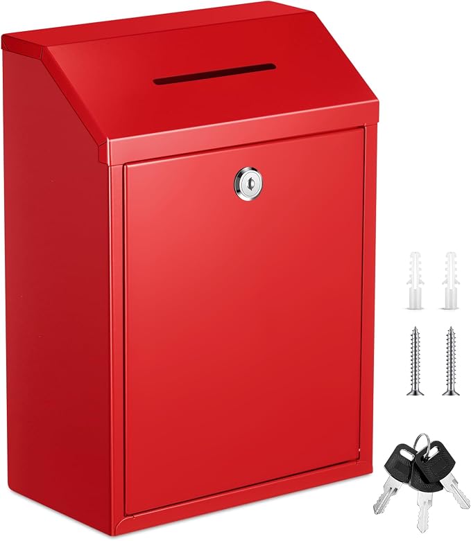 Yaocom Metal Money Box,Red,11.81 x 8.58 x 4.72 Inch,No Lid | Wall Mounted Drop Donation Cash Box for Farm Stand Collection Safe Suggestion Box with Lock Container for Home Office Outdoor