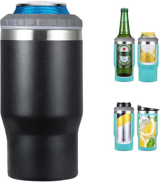 4 in 1 Stainless Steel Can/Bottle Insulator, 14oz Two-Way Lids SUS Insulated Can Cooler, Beer Bottle holder (Black)