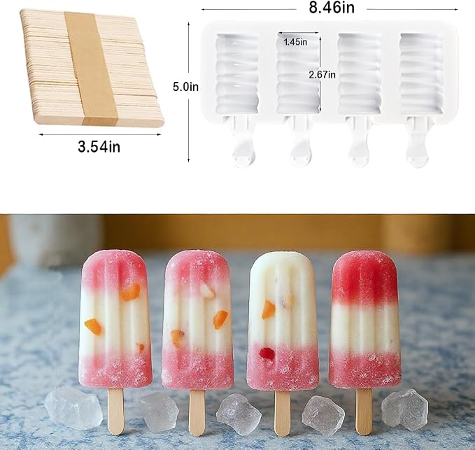 Popsicle Molds Set, 3 Silicone Ice Cream Bar Molds with 200 Wooden Sticks, Frozen Treats Molds Reusable, Non-stick, Easy to Use, Summer Treats, Kid Party, DIY Snacks