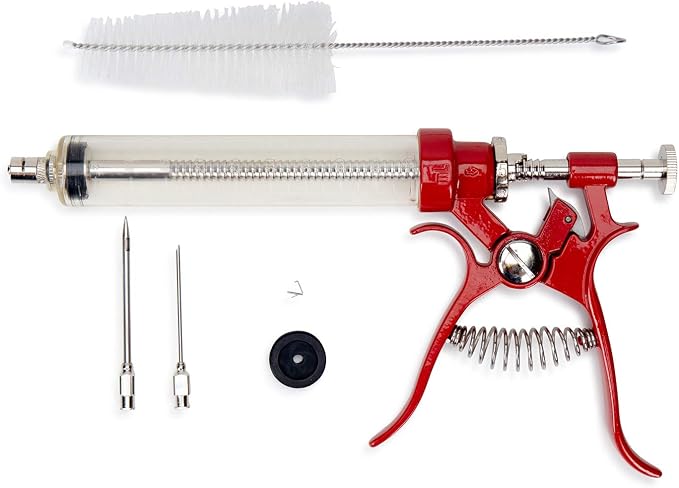 Butcher BBQ Pistol Grip Gourmet Meat Injector Syringe | Metal Handle | 50cc Pistol Grip Injection Syringe | 2 Different Needles for Different Meats | BBQ Smoker Accessories | Tailgating Accessories
