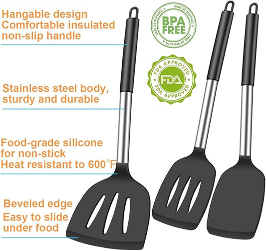 3Pcs Silicone Spatula Set Heat Resistant Spatulas for Nonstick Cookware Fish Turner Plastic Spatulas Rubber Wok Spatula, Long Large Spatula Silicone Cooking Use Kitchen Utensils Set