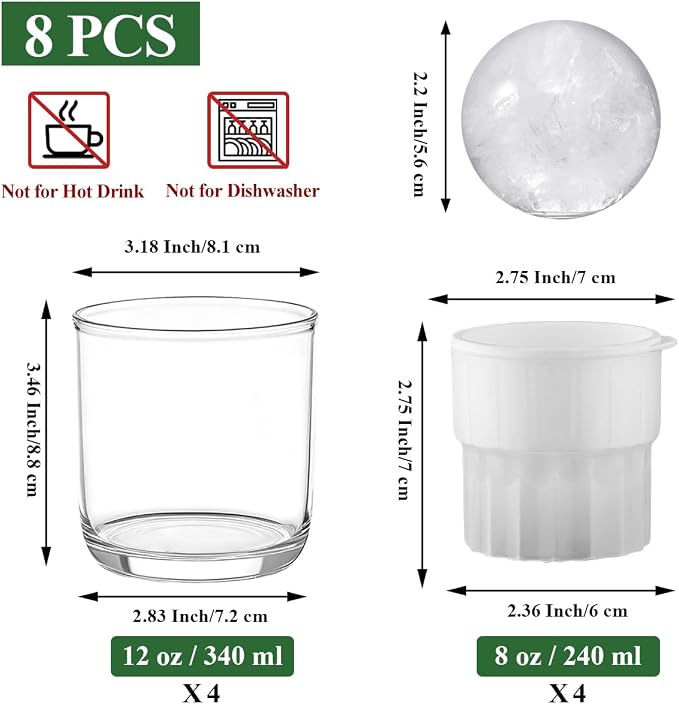 Berglander Whiskey Glasses Set of 8 (4 Bourbon Glasses, 4 Big Ice Ball Molds) 11.5 oz Reusable PET Clear Plastic Old Fashioned Glasses for Scotch Cocktail Cognac Vodka Liquor Cold Drink, Gifts for Men