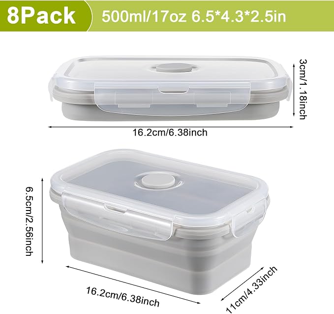 Set of 8 Silicone Collapsible Bowls for Camping with Vent Lid Silicone Storage Containers for Food Meal Preparation Square Bowl Microwave Freezer Dishwasher Safe(Gray,17 Oz/ 500 ml)