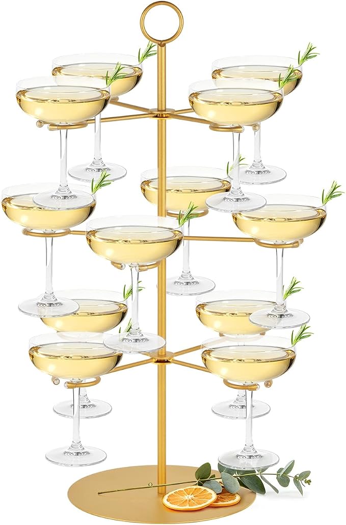 QPIX DIGITAL Champagne Tower,Metal Cocktail Tree Stand 3 Tier - 12 Holders For Champagne, Cocktails, Martini, Margarita Cups at Weddings,Bridal Parties & Events,Cocktail Glass Gold Holder