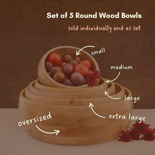 Salad Bowl Set of 5, Big Serving Dish for Pasta, Cut Fruit, Party, Catering, Wedding, Restaurant, Kitchen Countertop Fruit Bowl, Farmhouse Style, Mango Wood, 5pcs