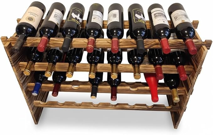 32-Bottle 4-Tier Stackable Wine Rack – Freestanding Carbonized Pine Organizer for Home Bar, Kitchen, Countertop, Modular DIY Design