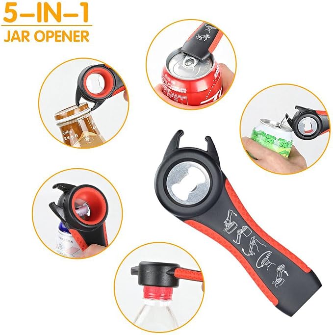 Jar Opener for Weak Hands, 5 in 1 Bottle Opener for Seniors with arthritis | Multifunction Lid Opener, Adjustable, Non-slip, Effortlessly Open Jars Bottles and Ring Pull Cans,Included Rubber Gripper Pad