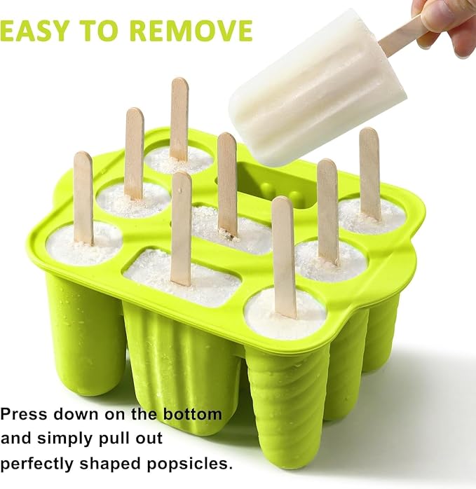 9 Cavity Popsicles Molds with 50pcs Wooden Sticks, Silicone Popsicle Molds, BPA Free Popsicle Maker Mold, Reusable Homemade Ice Pop Mold, Easy-Release Ice Cream Mold for Kids Adult