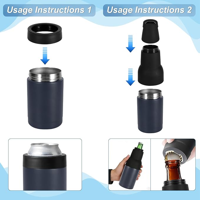 12oz Vacuum Insulated Can Holder with Double Walled Stainless Steel | Beer Soda Can Cooler with Beer Opener, 3 in 1 Beer Bottle Insulators Holder Ice Cold for Hours Beer Lovers - Navy Blue