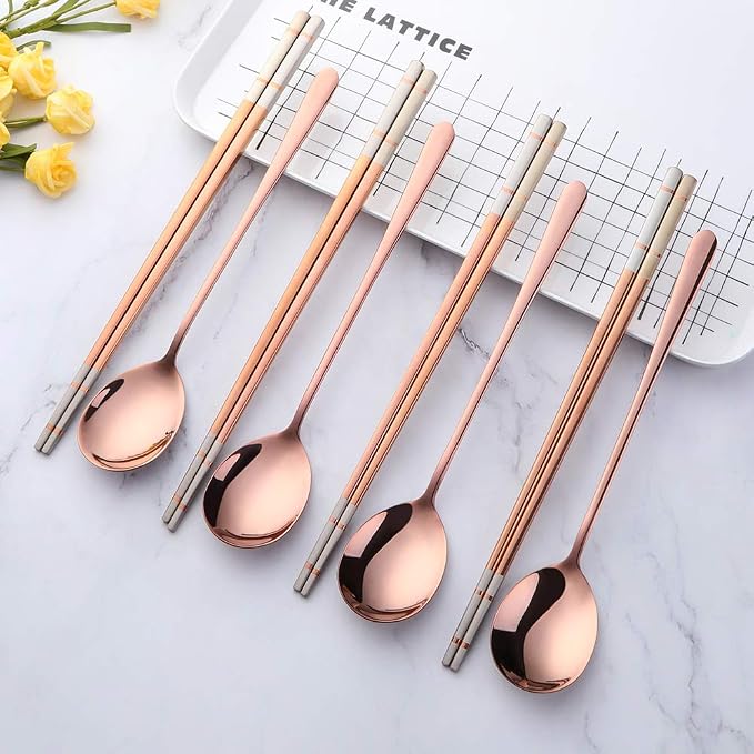 Buyer Star 4 Set Rose Gold Square Chopsticks and Spoons Set Metal Stainless Steel Spoons Chopsticks Set