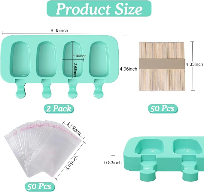 Ozera 2 Pack Silicone Popsicles Molds, Cake Pop Molds, Green | Popsicles Maker, 4 Cavities Oval, with 50 Wooden Sticks & Bags, Reusable, Easy to Release